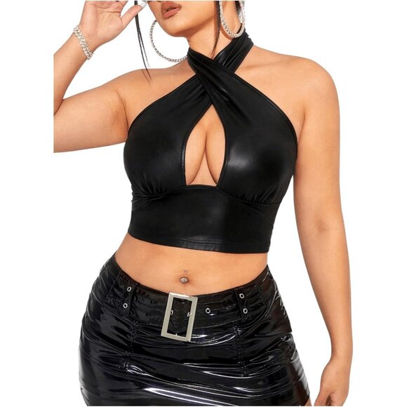 Plus Size Women's Leather Criss Cross Crop Halter Top Backless Fashion - Picture 4 of 6